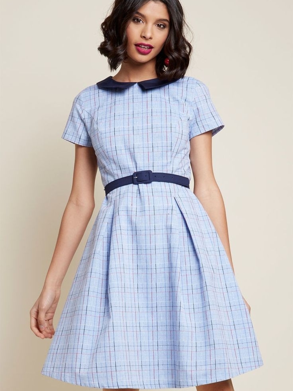Modcloth Light Blue Plaid Fit-and-Flare Dress with Navy Trim Size XL